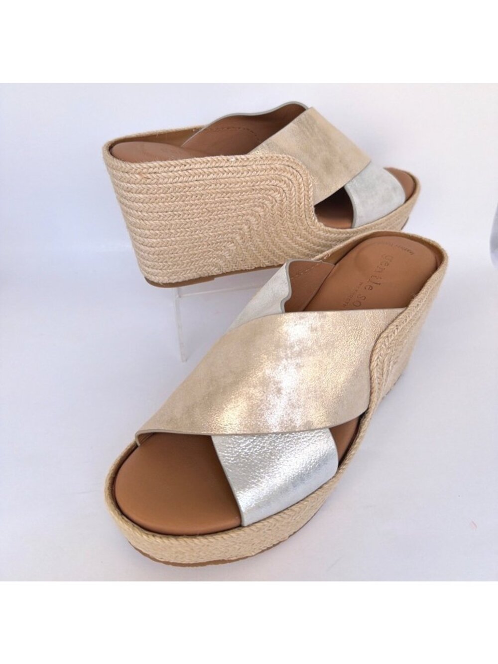 Gentle Souls Porto Wedge Sandals Silver Gold Leather Espadrilles Size 8.5
